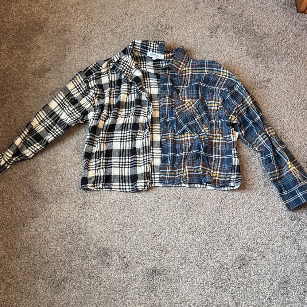 Planet Gold Two Tone Plaid Cropped Flannel Button Down Shirt Shacket SIZE XL